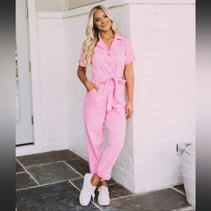 Pink Denim Utility Jumpsuit